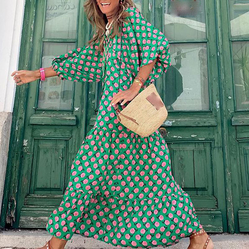 Alana Bohemian Floral Puff Long Swing Dress Dresses Claire & Clara Green-1 S 