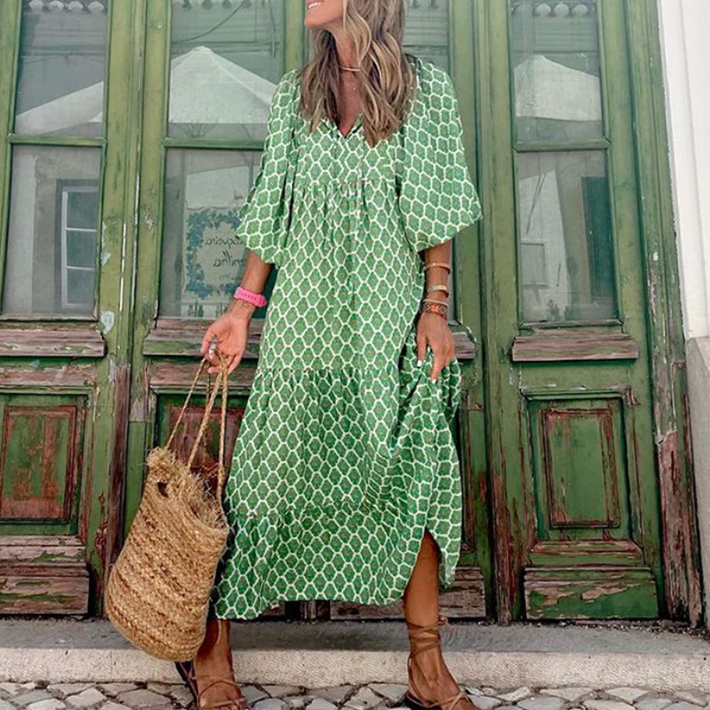 Alana Bohemian Floral Puff Long Swing Dress Dresses Claire & Clara Green-2 S 