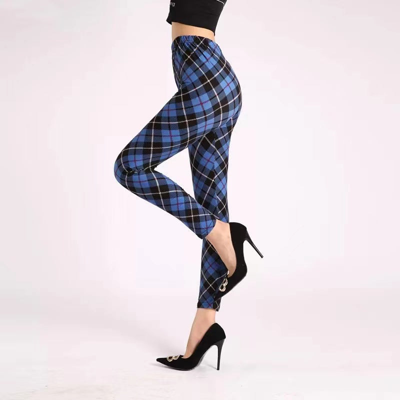 Alison Printed High Waist Elastic Leggings Bottoms Claire & Clara One Size Blue Plaid 