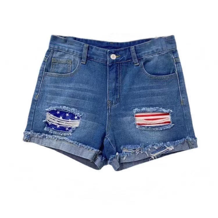 American Flag Hole Tassel Denim Shorts Bottoms Claire & Clara US 6 