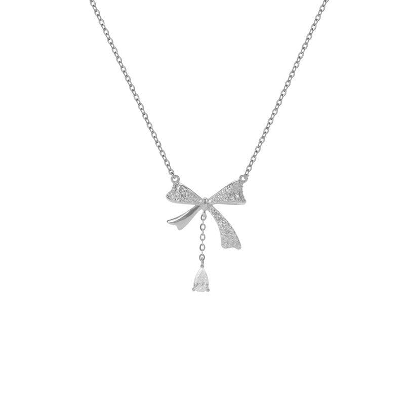 Bow Tassel Zirconia Pendant Necklace Necklace Claire & Clara Silver 