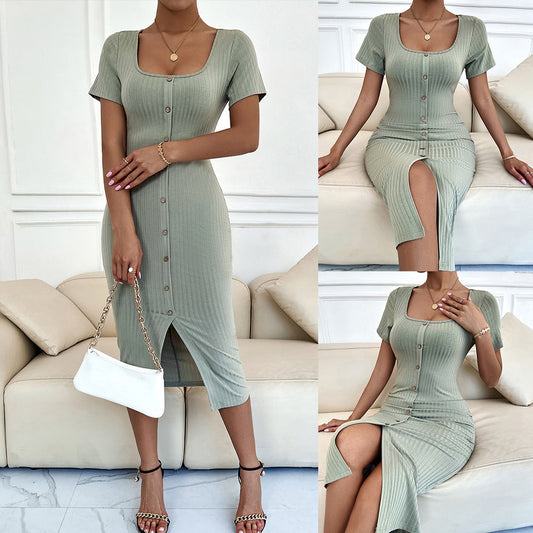 Button Down Square Neck Midi Dress Dresses Claire & Clara 