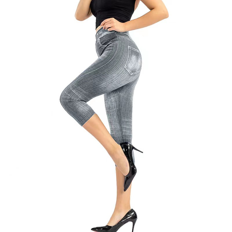 Cathy Faux Denim Print Stretch Leggings Bottoms Claire & Clara Grey US 2 