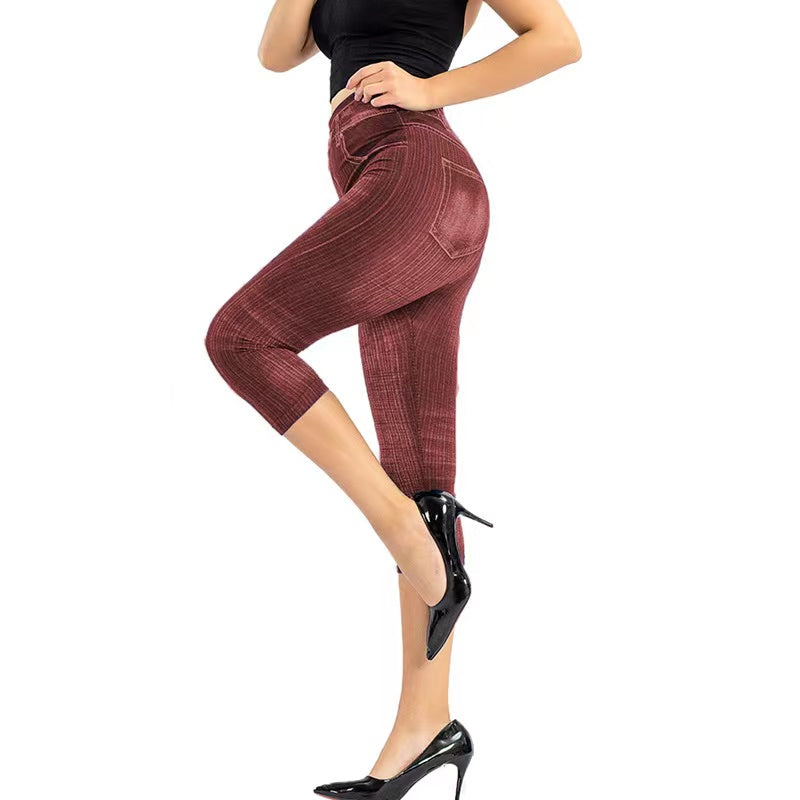 Cathy Faux Denim Print Stretch Leggings Bottoms Claire & Clara Red US 2 