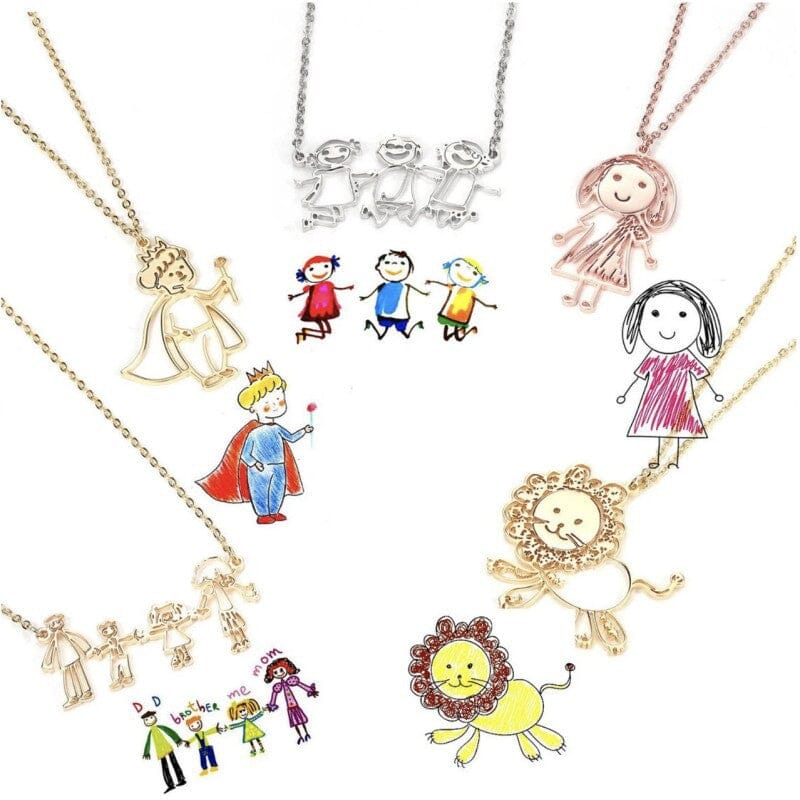 Children's Drawing Customized Keychain & Necklace Necklace Claire & Clara Necklace Gold 