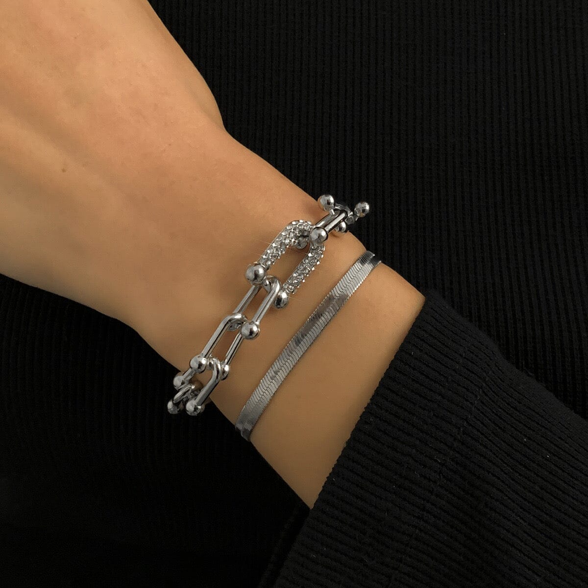 Diamond U-shaped Buckle Metal Flat Snake Chain Bracelet Set Bracelet Claire & Clara 