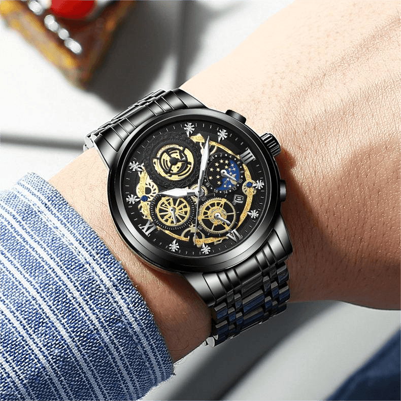 Elite Luxurious Business Watch Multi-function Perpetual Calendar Watches Claire & Clara Black Gold 