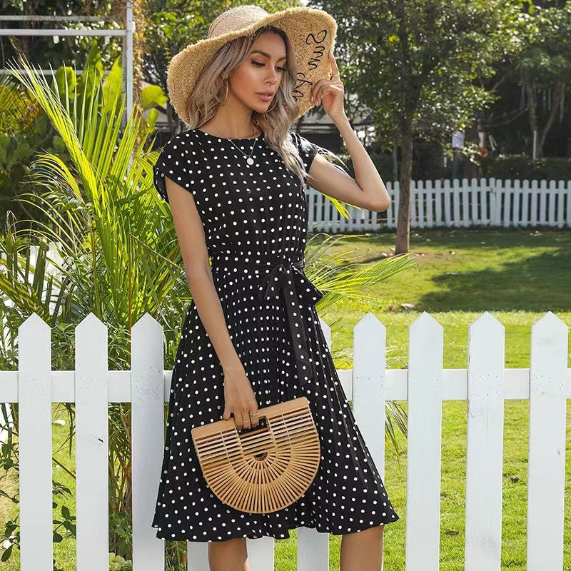 Elsie Polka Dots Lace-up Pleated Dress Dresses Claire & Clara Black S 