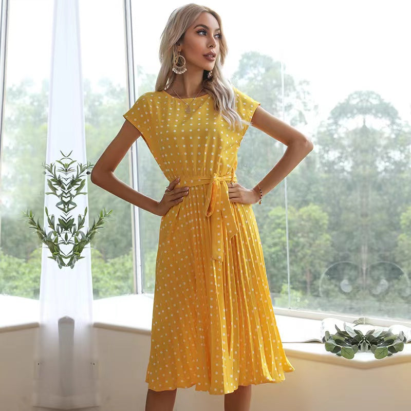 Elsie Polka Dots Lace-up Pleated Dress Dresses Claire & Clara Yellow S 