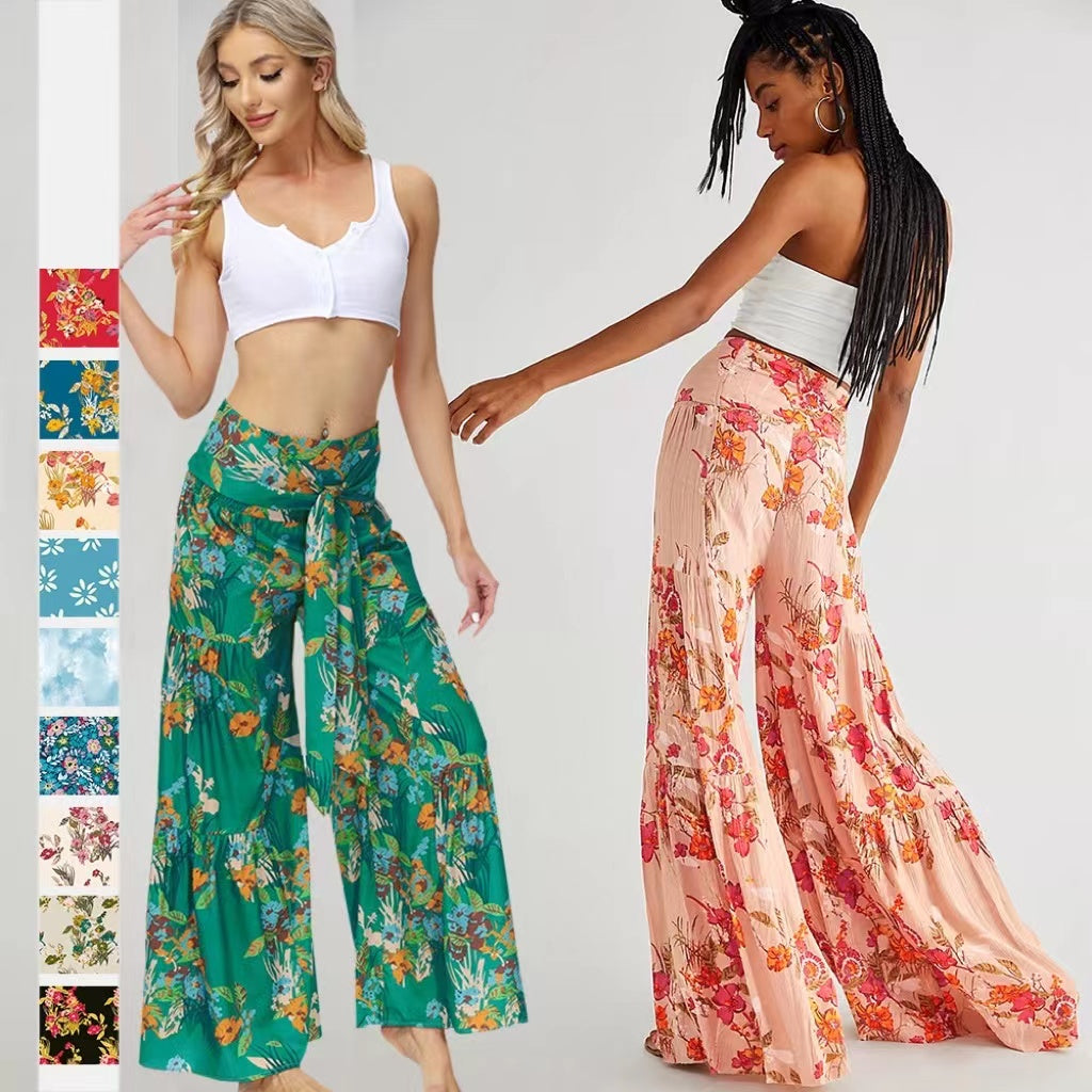 Floral Lace-up Casual Wide Leg Pants Bottoms Claire & Clara 