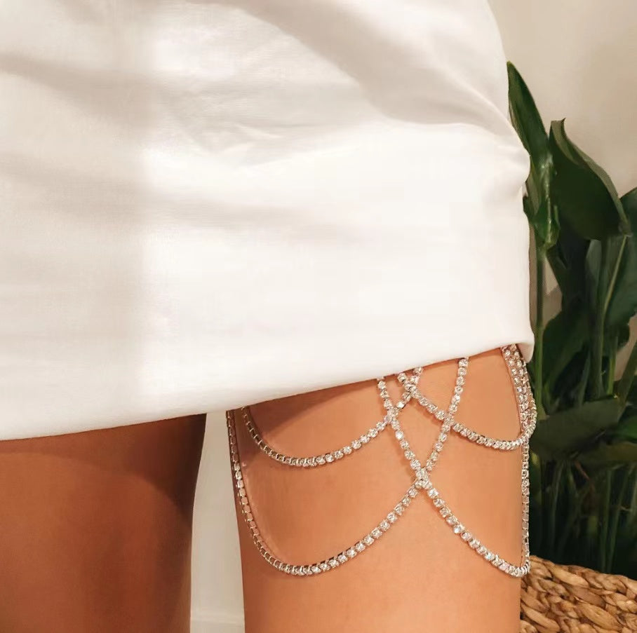 Glitter Rhinestone Multi-layer Thigh Chain Anklet Claire & Clara Silver 