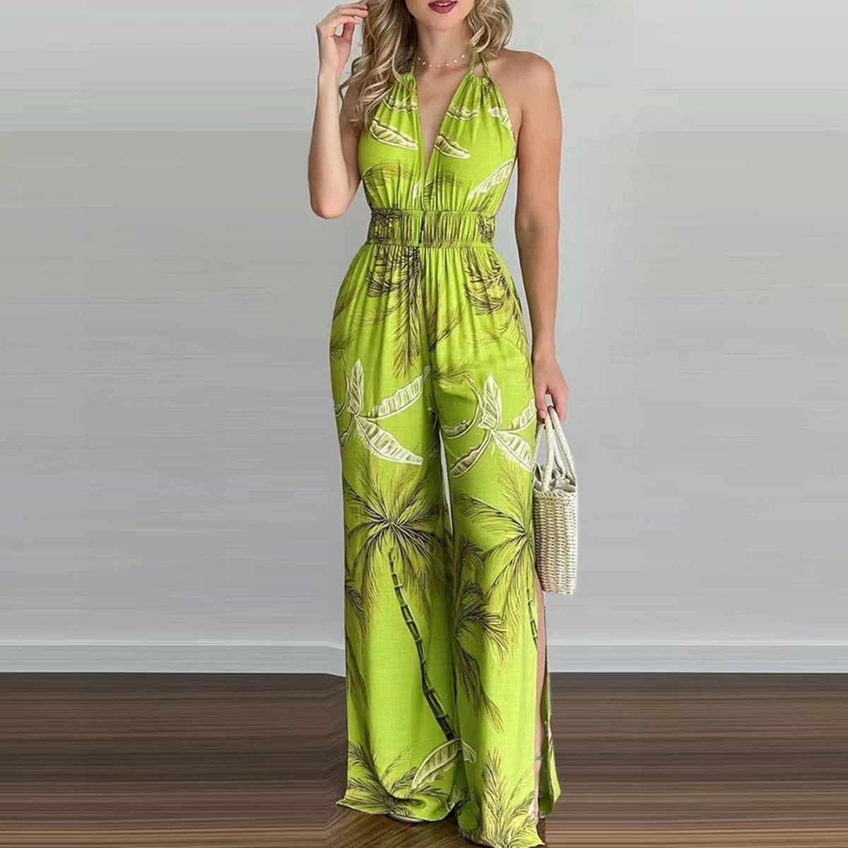 Khloe Straps V-Neck Open Back One-Piece Trousers Set Claire & Clara Green US 4 