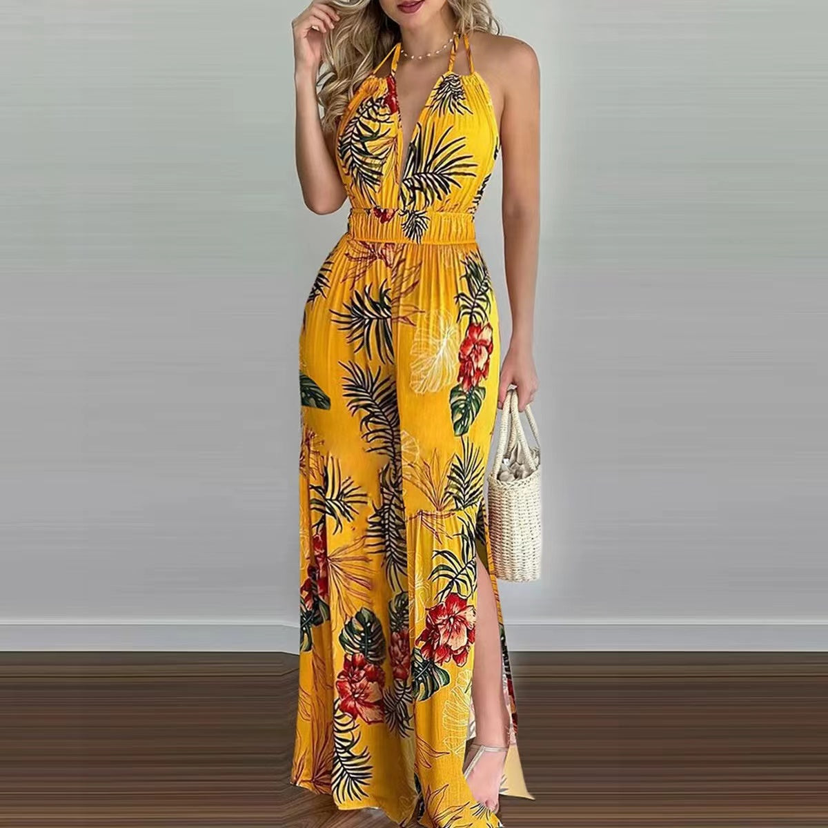 Khloe Straps V-Neck Open Back One-Piece Trousers Set Claire & Clara Yellow US 4 