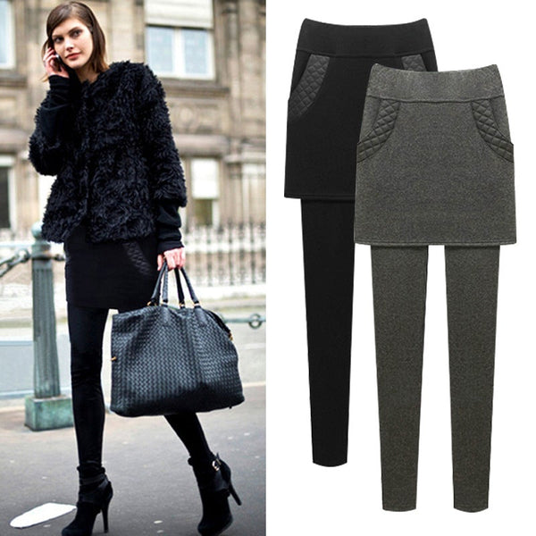 Leather Pocket Winter Warm Thicken Skirt Leggings