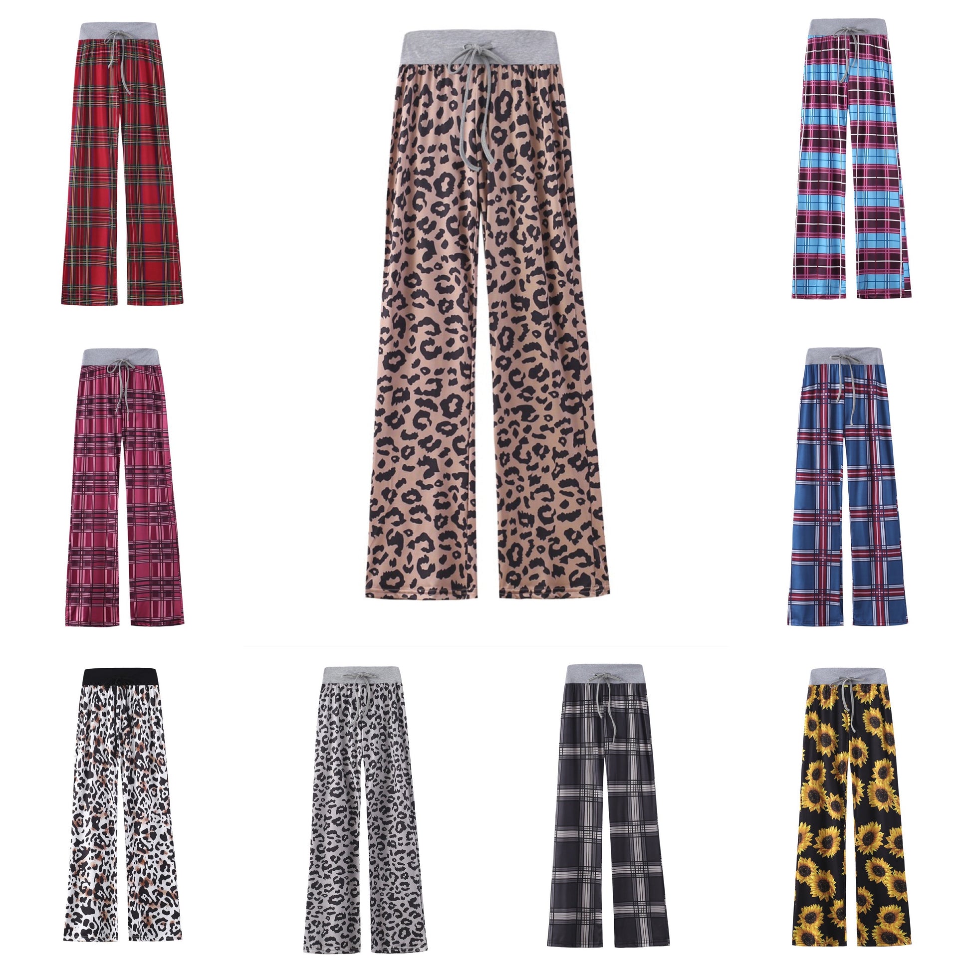 Leopard & Plaid Casual Stretch Wide Leg Pants Bottoms Claire & Clara 