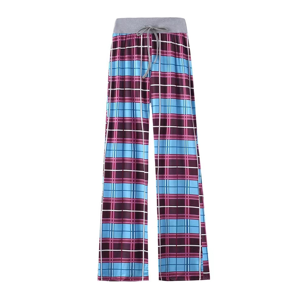 Leopard & Plaid Casual Stretch Wide Leg Pants Bottoms Claire & Clara Light Blue Plaid US 2 