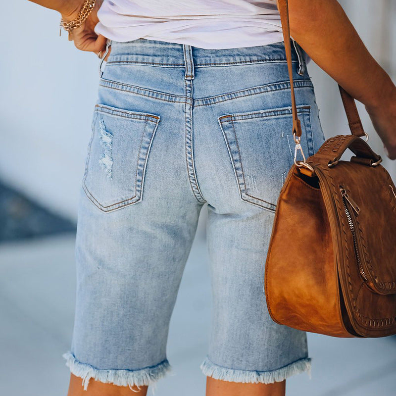 Mid Rise Denim Ripped Short Jeans Shorts Claire & Clara 