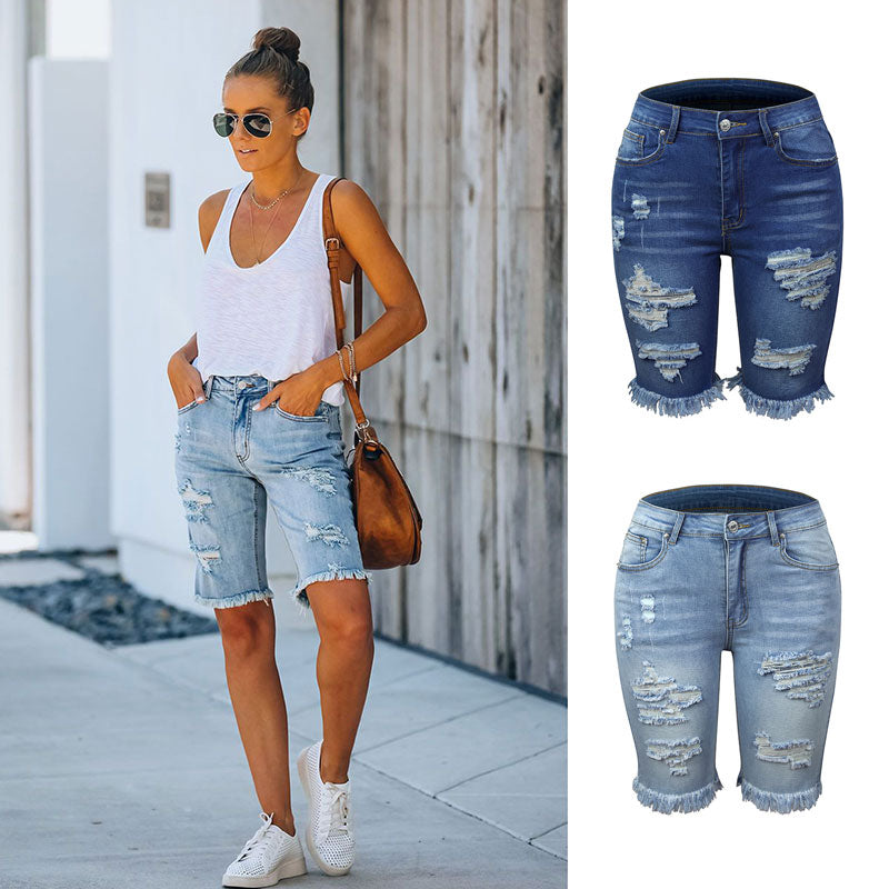 Mid Rise Denim Ripped Short Jeans Shorts Claire & Clara 