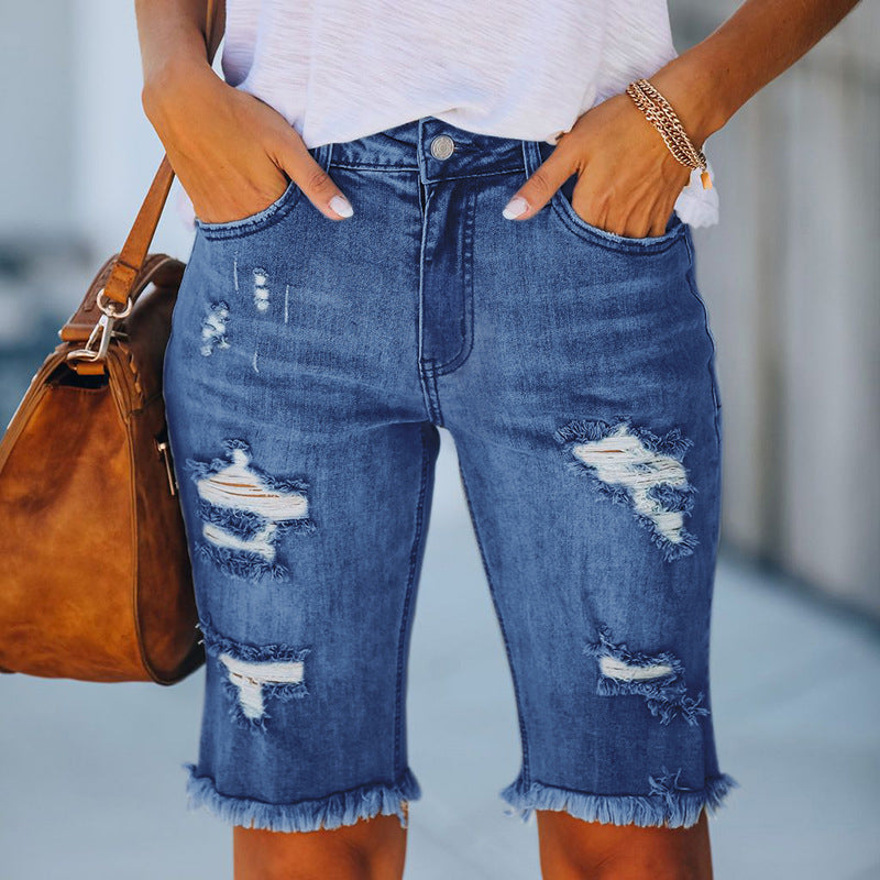 Mid Rise Denim Ripped Short Jeans Shorts Claire & Clara Dark Blue S 