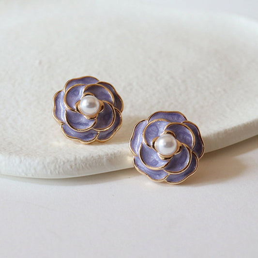 Purple Camellia Pearl Earrings Earrings Claire & Clara 