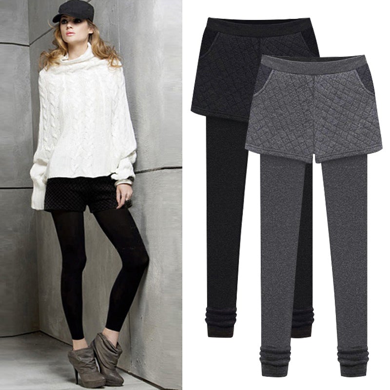 Quilted Fleece Fake Two-Piece Slimming Leggings Bottoms Claire & Clara 