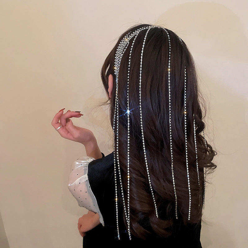 Silver Rhinestones Long Tassel Headpiece Hair Accessories Claire & Clara 