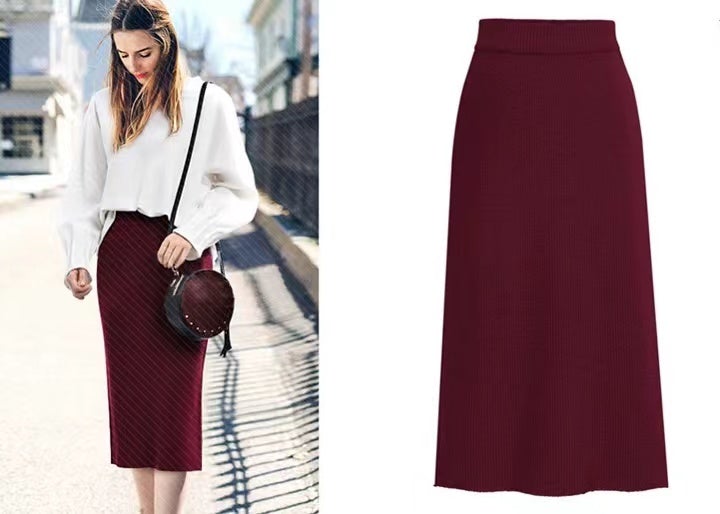 Solid Color Wool Slit High Waist Long Skirt Bottoms Claire & Clara 