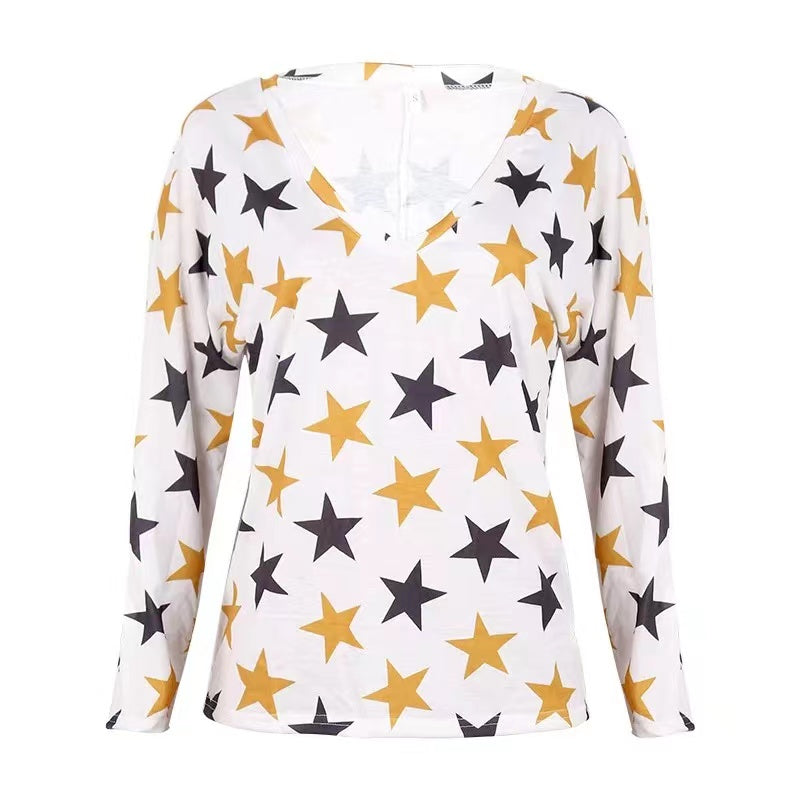 Star & Solid Color Long Sleeve V-neck Top Top Claire & Clara Star White S 