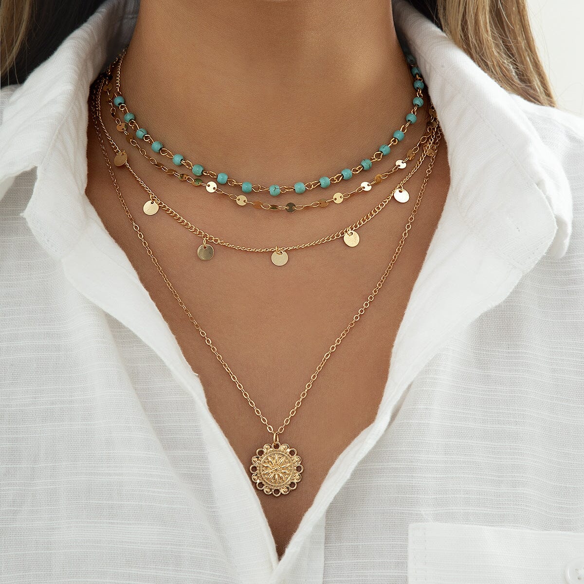 Sunflower Turquoise Sequin Multi-Layer Necklace Necklace Claire & Clara 