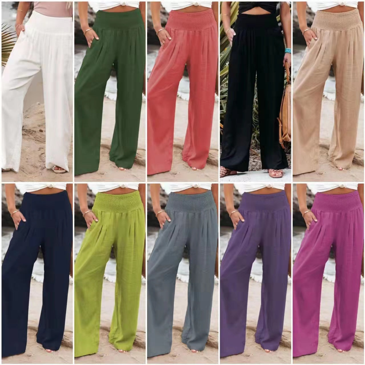 Susan Cotton Linen High Waist Wide Leg Casual Pants Bottoms Claire & Clara 