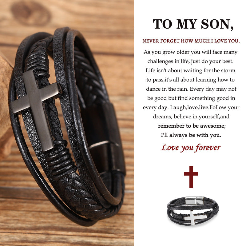 "To My Son" Personalized Cross Leather Bracelet Bracelets Claire & Clara 