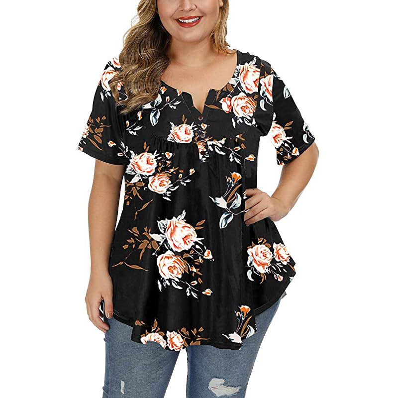 Vanessa Plus Size Floral Short Sleeve Top Top Claire & Clara Black & Orange S 